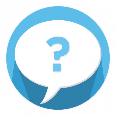 Blue and white image of speech bubble with question mark inside it.